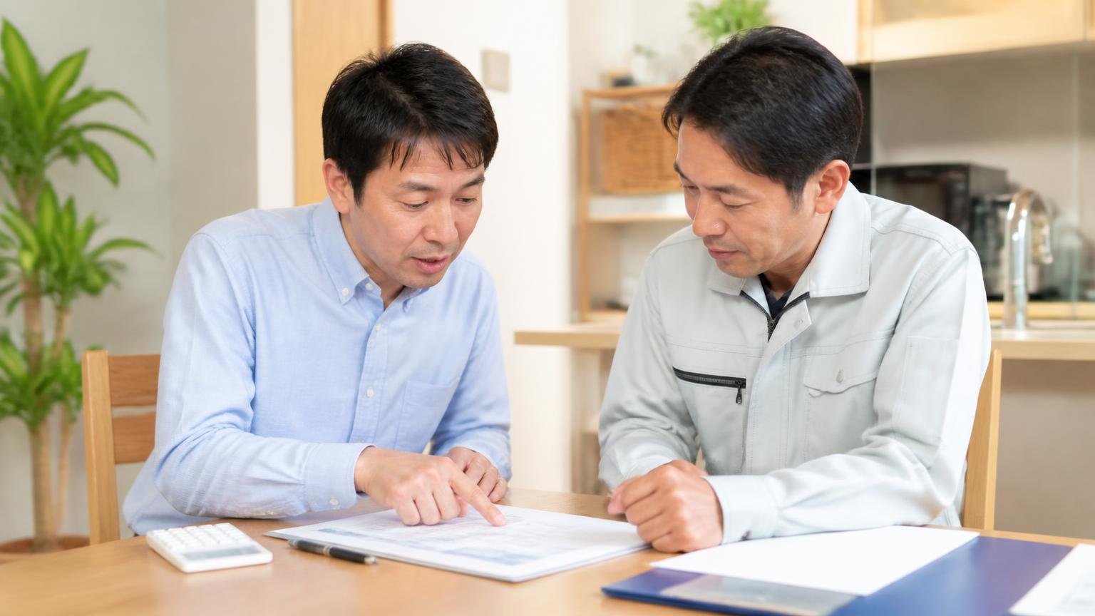 見積書の内訳を確認|ダイニングで書面を指さす男性1人と作業員1人が並んで話し合う