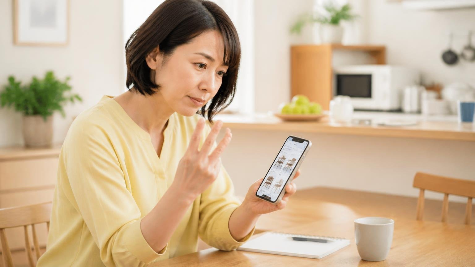 購入前に確認したい3つの項目。ダイニングでスマホの商品ページを見比べる40代女性が指で数える