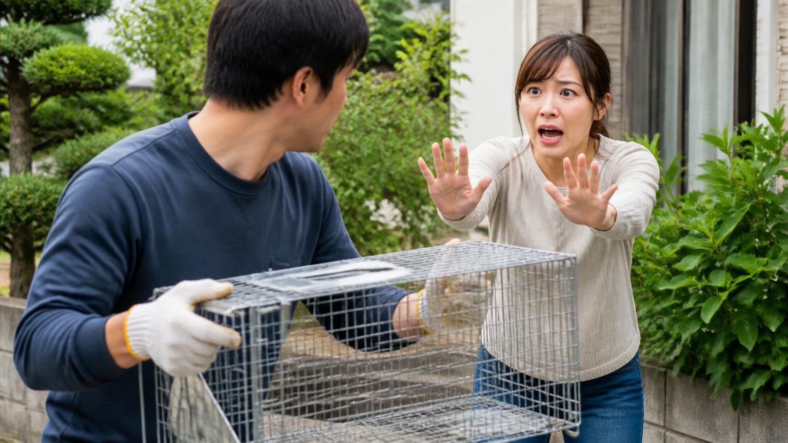 勝手に捕まえると法律に触れる 住宅の庭先で捕獲カゴを手にした20代男性を制止する30代女性が慌てた表情