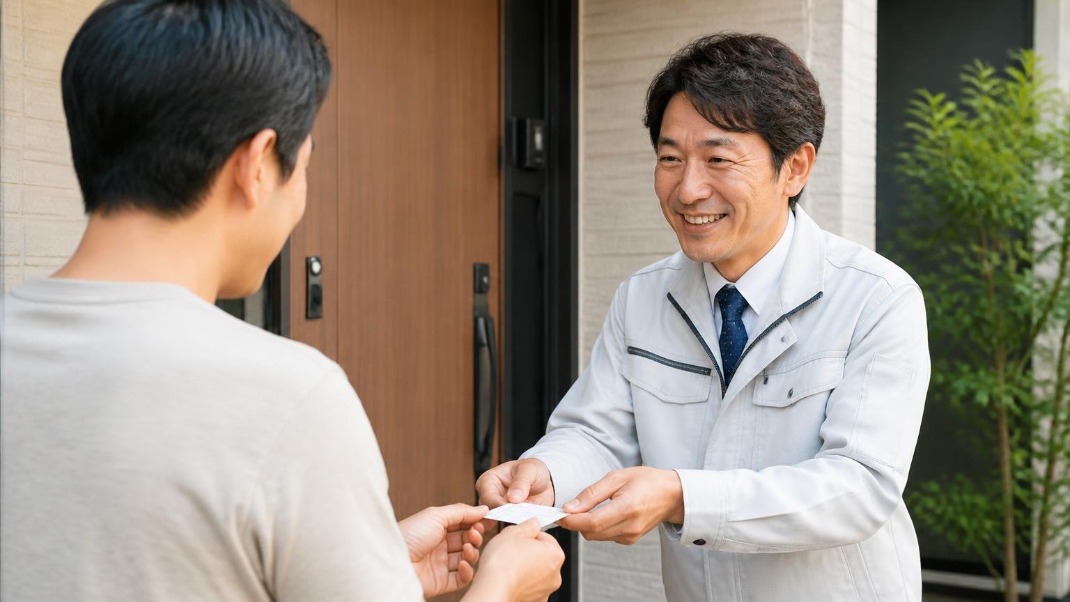 最初に相談する無料見積もり窓口 玄関前で作業員1人が住人にあいさつし笑顔で名刺を渡す