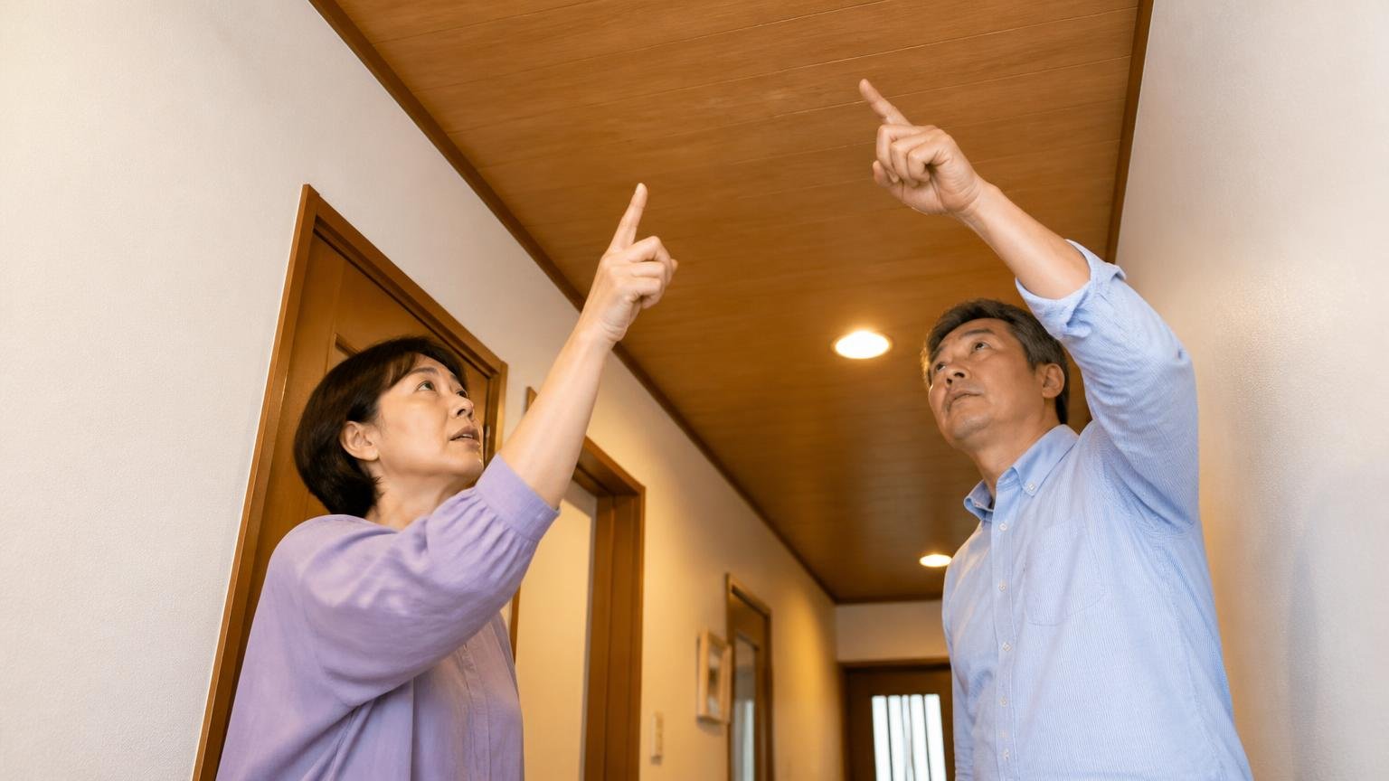 音の場所で判断する 木造戸建ての天井を見上げる廊下 夫婦2人 天井を指さして音の位置を確かめる