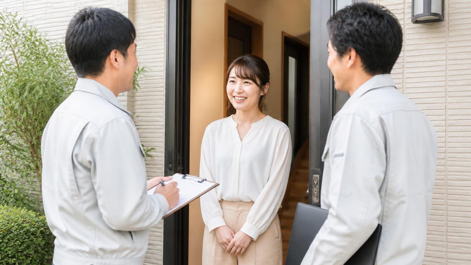 まず無料の現地調査だけ受けてみる|玄関先で笑顔で作業員を迎える30代女性と作業員2人