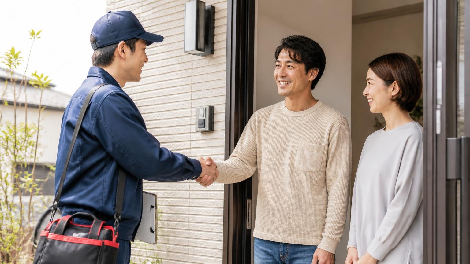 相手と侵入口を無料で調べてもらえる駆除業者3選 住宅の玄関前 作業員と住人2人 挨拶する