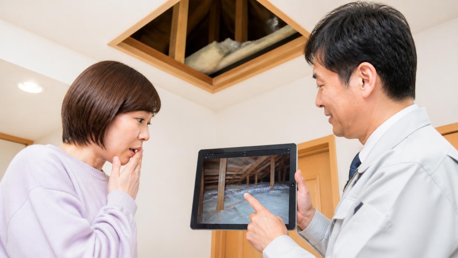 天井裏の実態を無料で確かめる。木造住宅の点検口から撮影した写真をタブレットで施主に見せる作業員