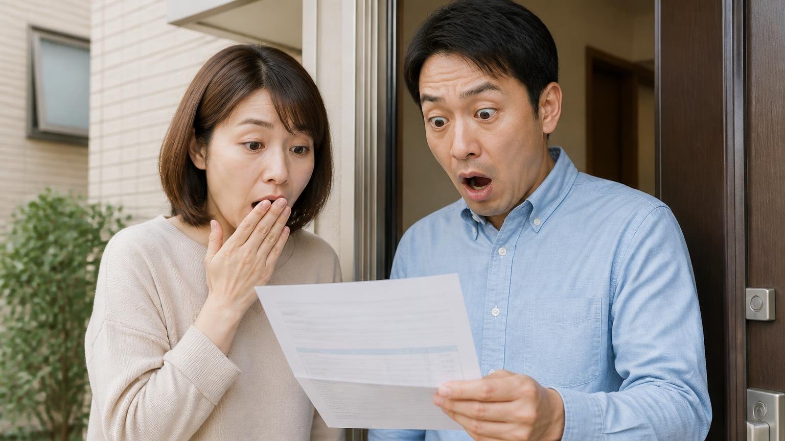 粘着シートを敷くだけに高額を払わない。住宅の玄関先で請求書を見て言葉を失う女性1人と男性1人