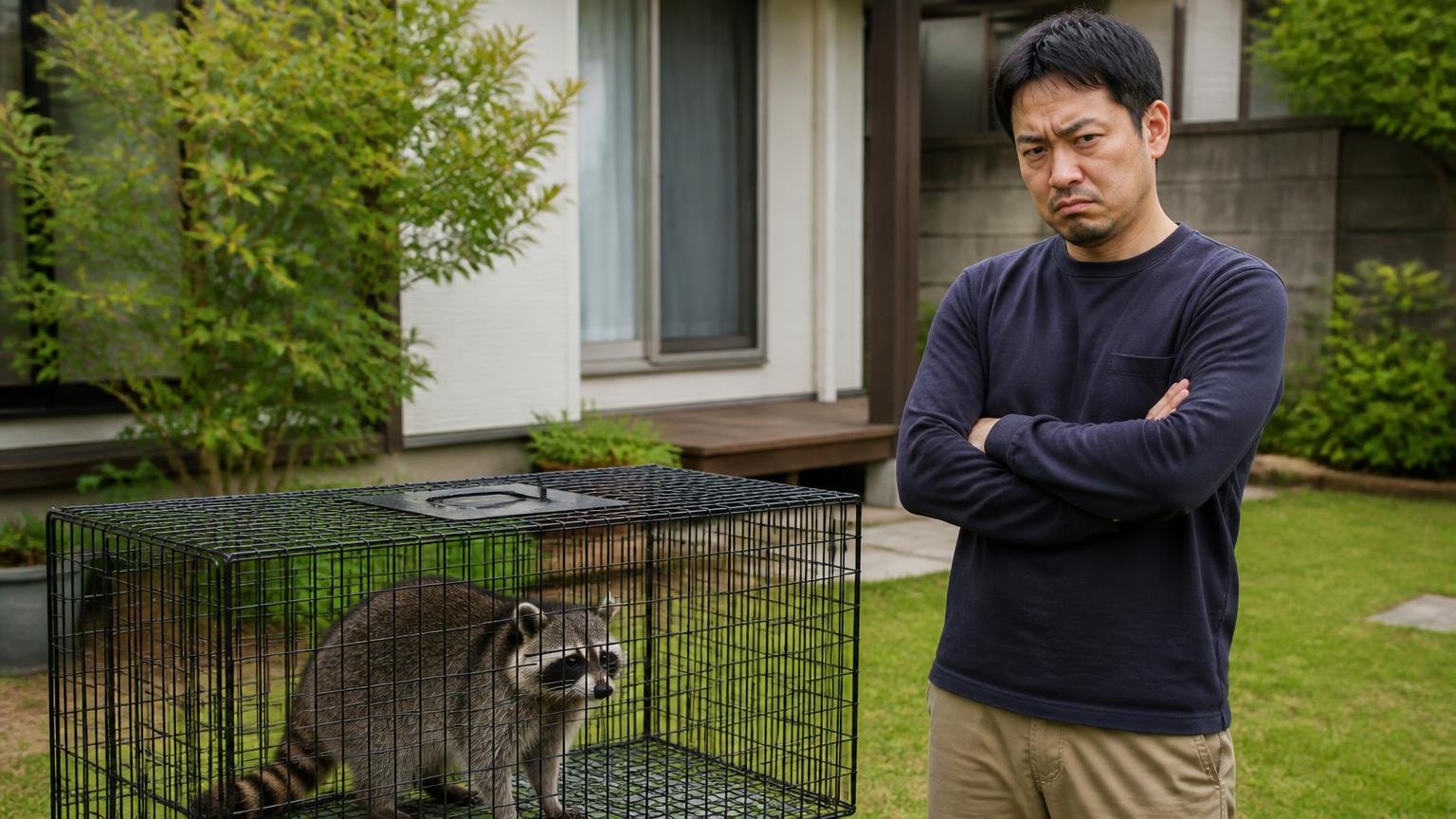 アライグマは持ち帰るだけでも規制の対象。住宅の庭でケージを前に腕組みする30代男性1人