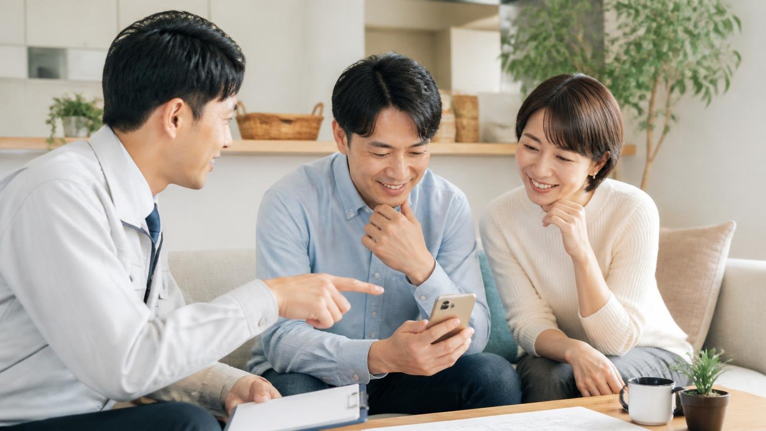 次の一手として現地調査を受けると決める場面 リビングで作業員と打ち合わせする夫婦2人 スマホを手に相談する