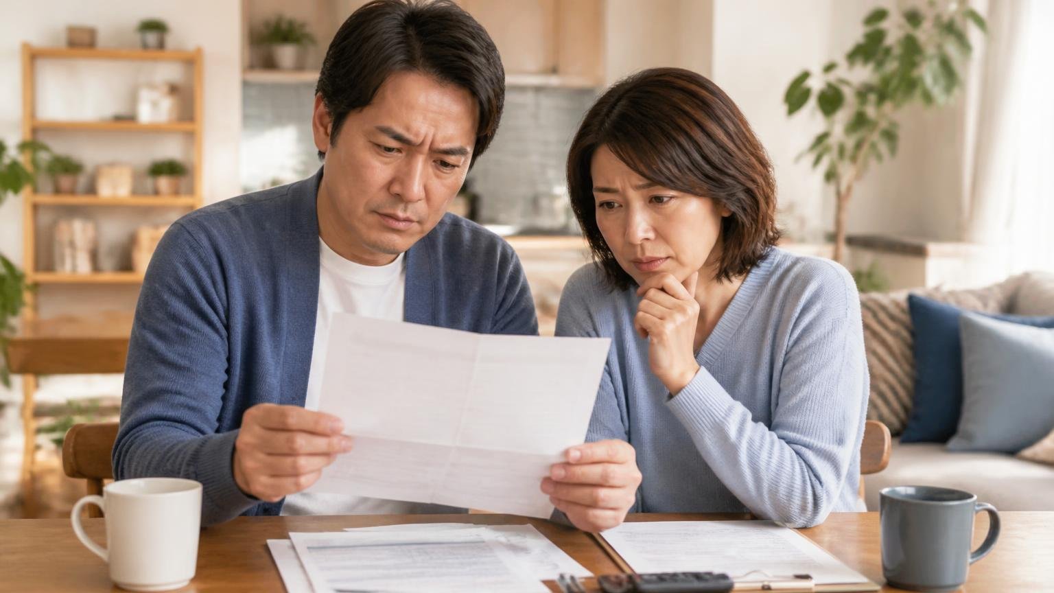 保証の確認 リビングのテーブルで夫婦2人が保証書を読み込む