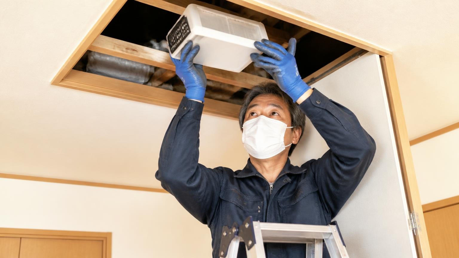 手袋とマスクをして天井裏に容器を設置する場面 木造戸建ての点検口の下 50代男性が脚立の上で慎重に作業する表情