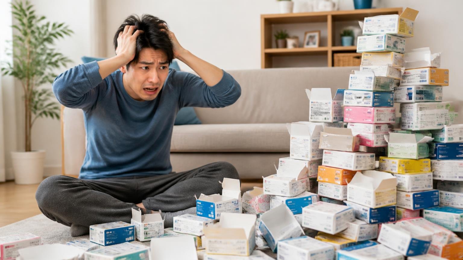 買い足し続けるほど損が膨らむ理由/リビングで男性1人が空箱を積み上げて頭を抱える