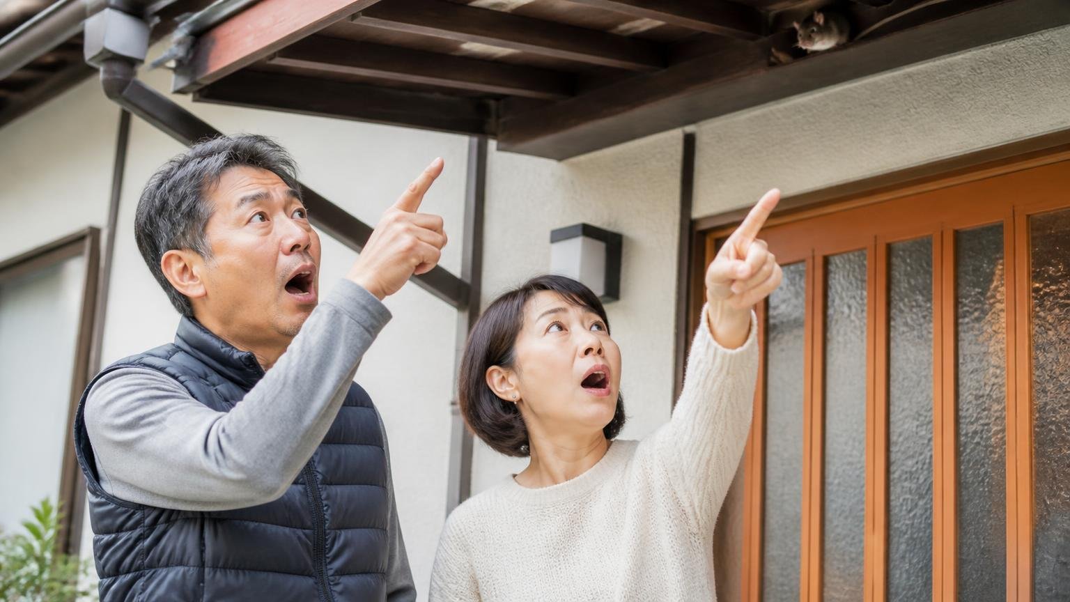 そもそも相手はネズミなのか。屋根の軒下を見上げる玄関前で夫婦2人が驚いた表情で指をさす
