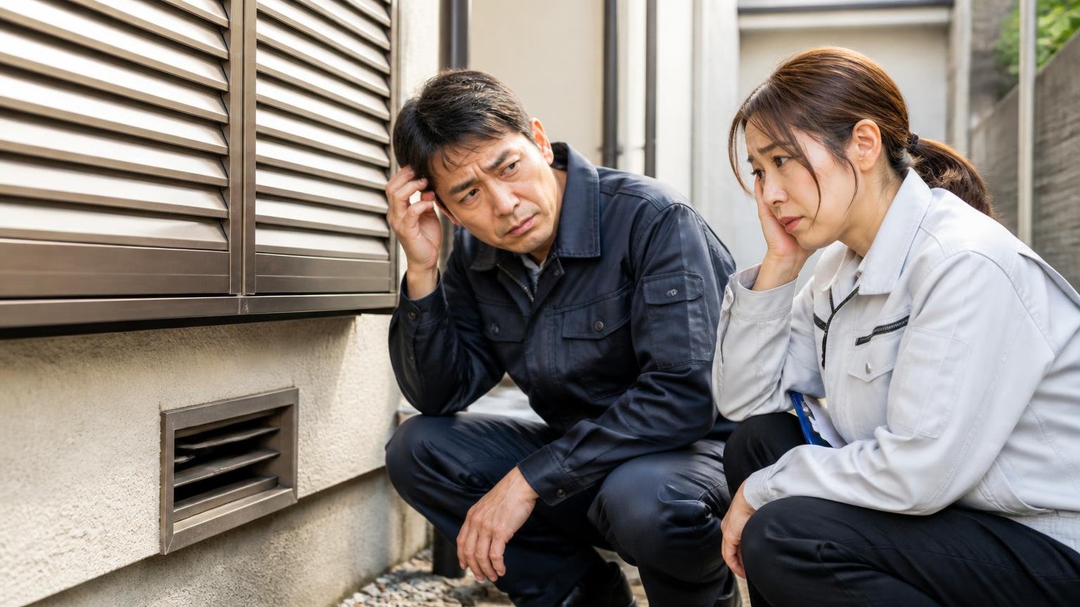 頑張った人ほどつまずく侵入口が見つからないという壁|住宅の戸袋と通風孔を確認して回る|40代男性1人と30代女性1人|疲れた様子で顔を見合わせる