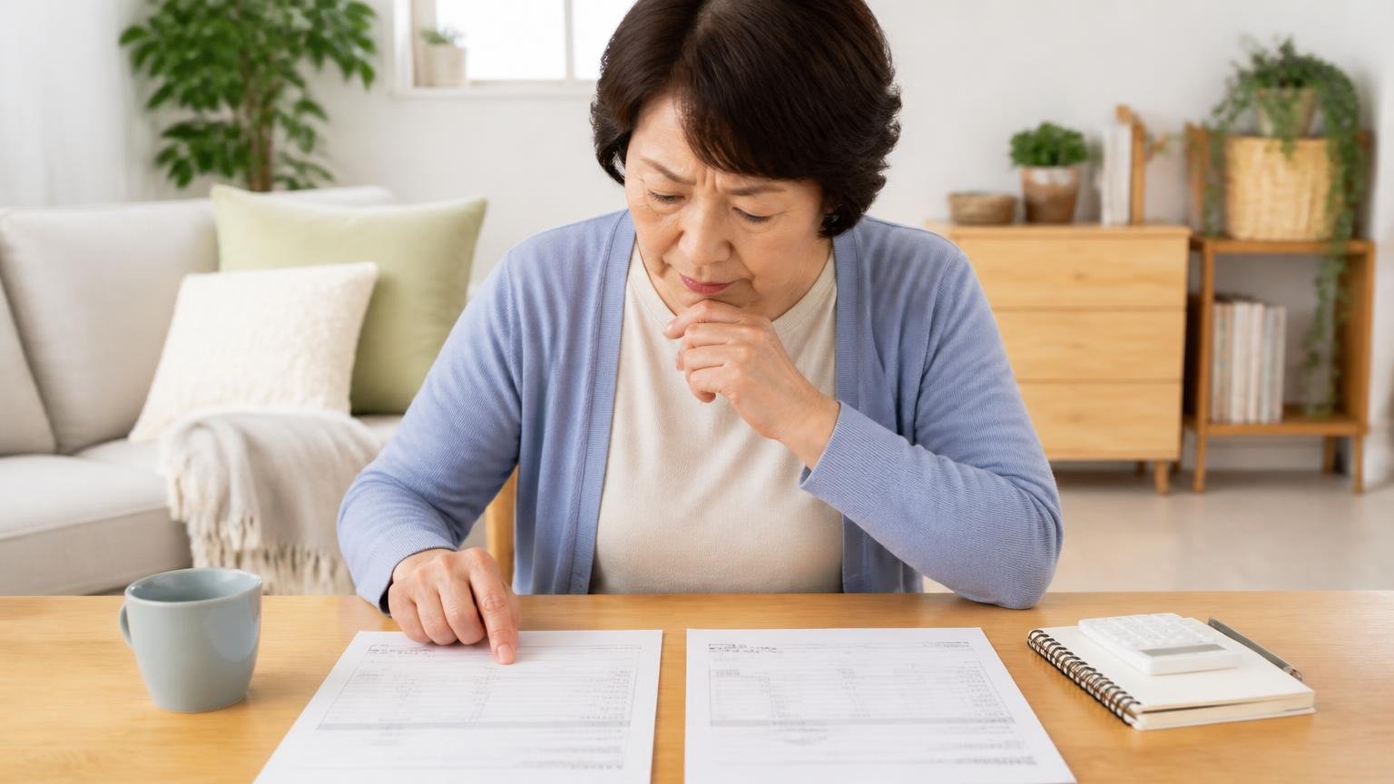 1社では相場が見えない 自宅リビングで60代女性が2社の見積書を並べ真剣に見比べている