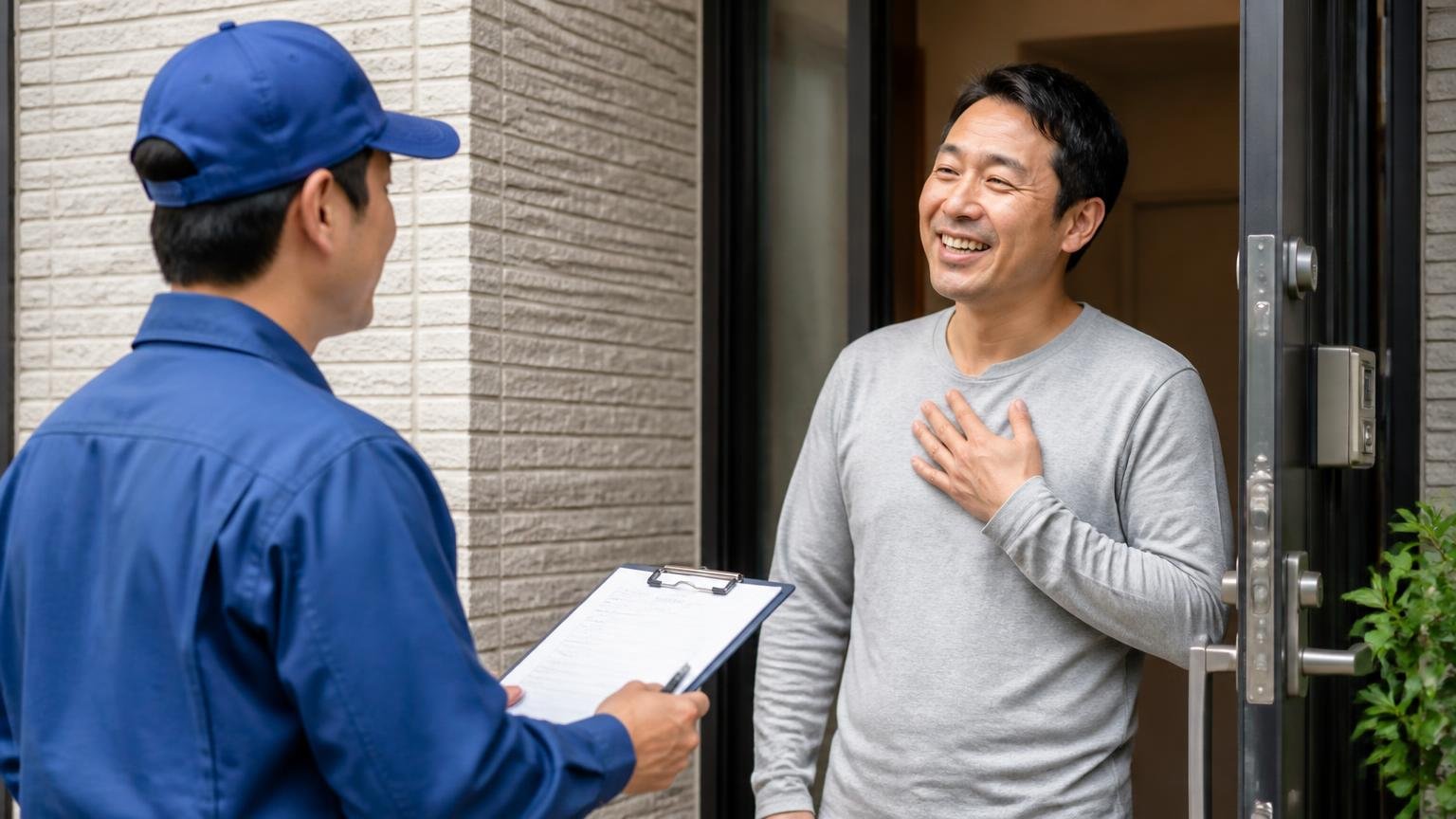 同じ場所のふんに悩んだ人が最初に相談している窓口。玄関前で作業員に相談する住人1人が安心した表情