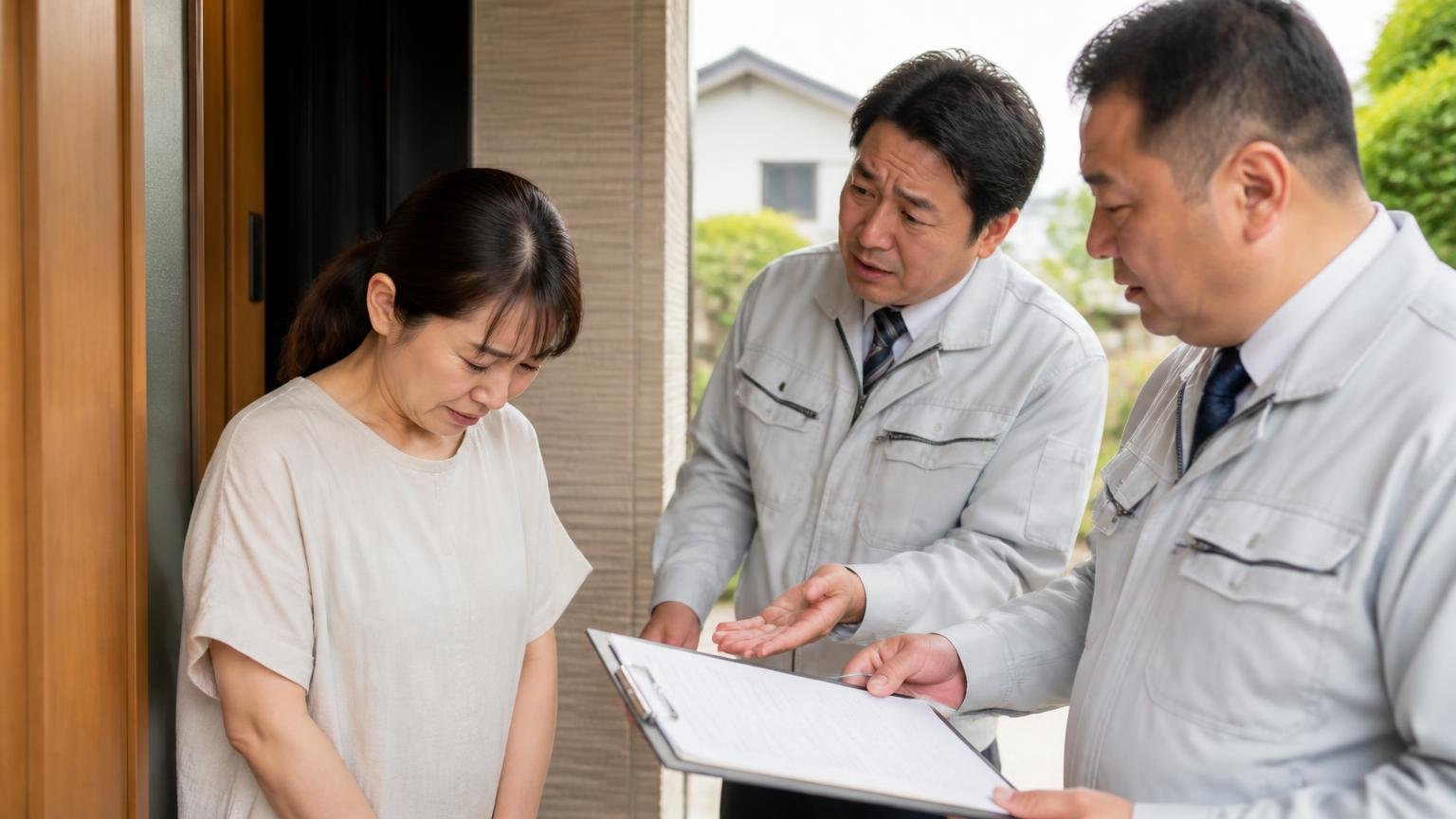 相見積もりを取るつもりでもその場で契約してしまう 木造戸建ての玄関先 住人と訪問業者2人 困惑した表情でうつむく