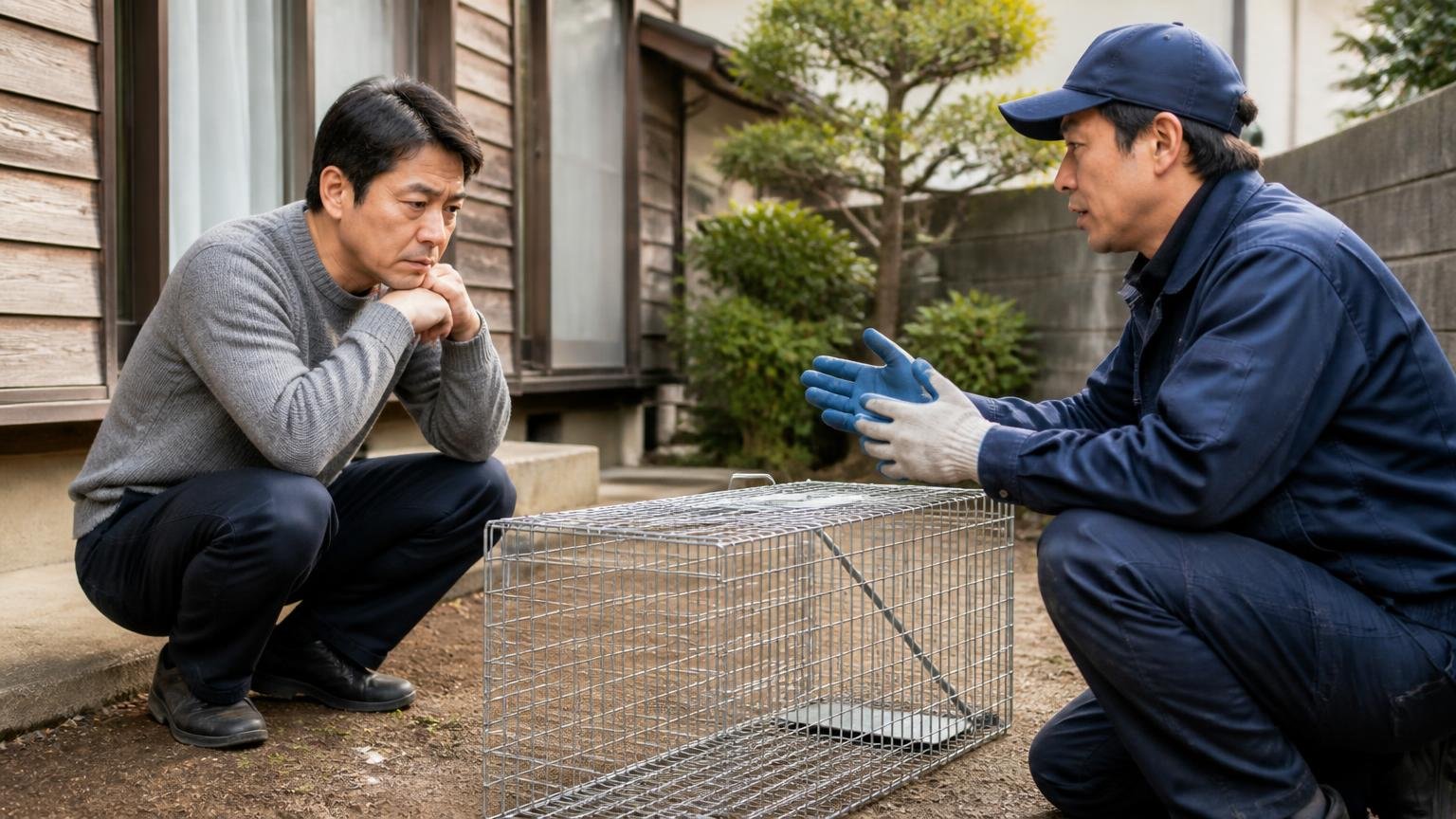 自力で捕獲できない動物。木造戸建ての庭で捕獲用のカゴを前に説明を受ける40代男性1人が神妙