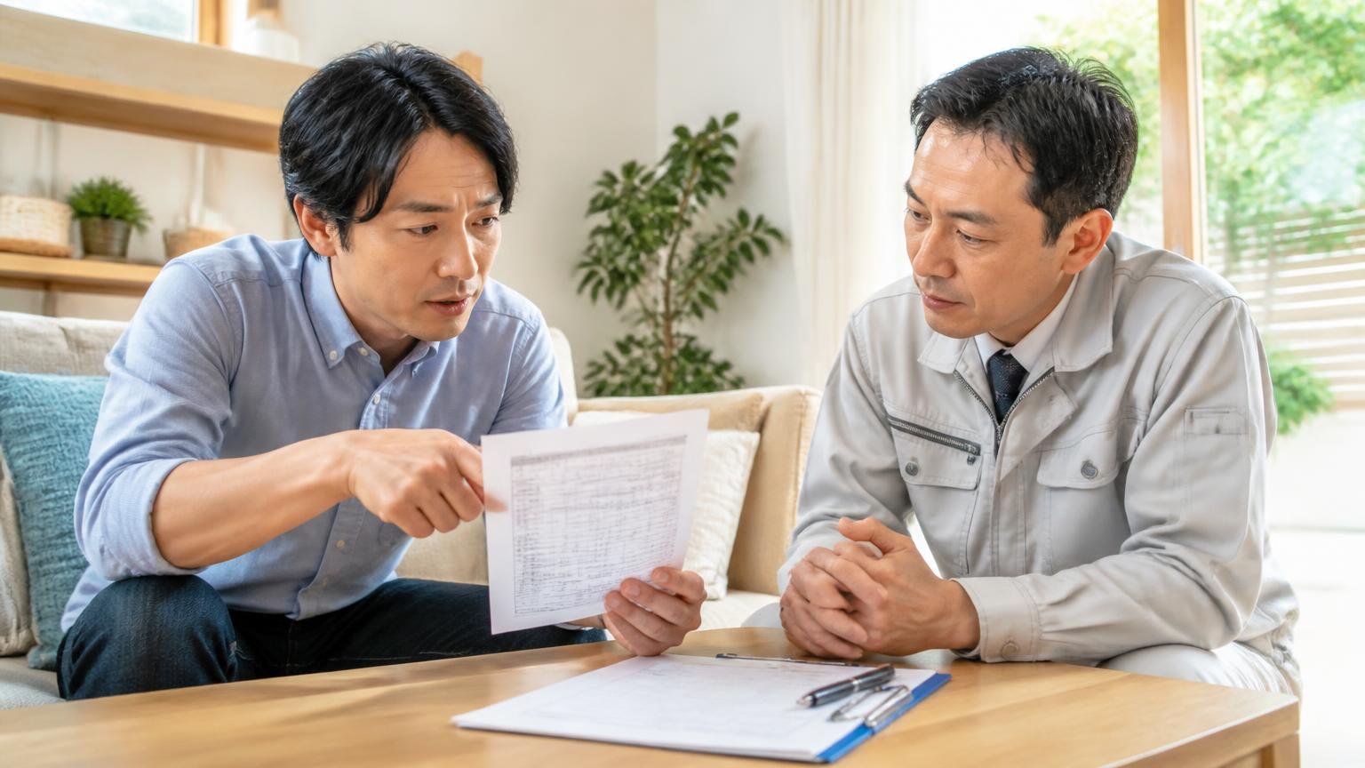 見積書で必ず確認する5項目 リビングで作業員と打ち合わせ 住人1人が見積書を指さして質問する