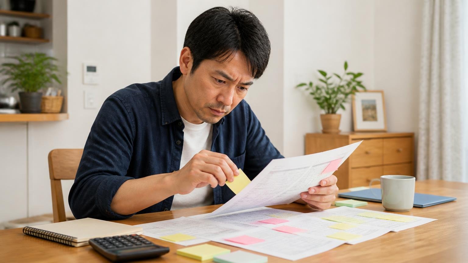 見積書で比べるべき5項目|住宅のダイニングで40代男性が見積書に付箋を貼りながら真剣に読み込む