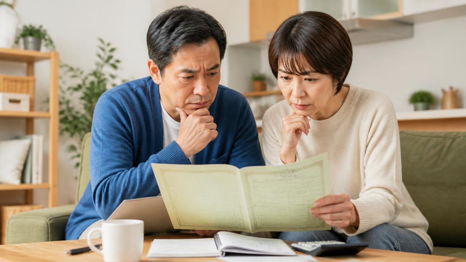 再発時の保証がどこまで効くのかを契約前に確認する|リビングで保証書を読み込む住人2人が真剣な表情
