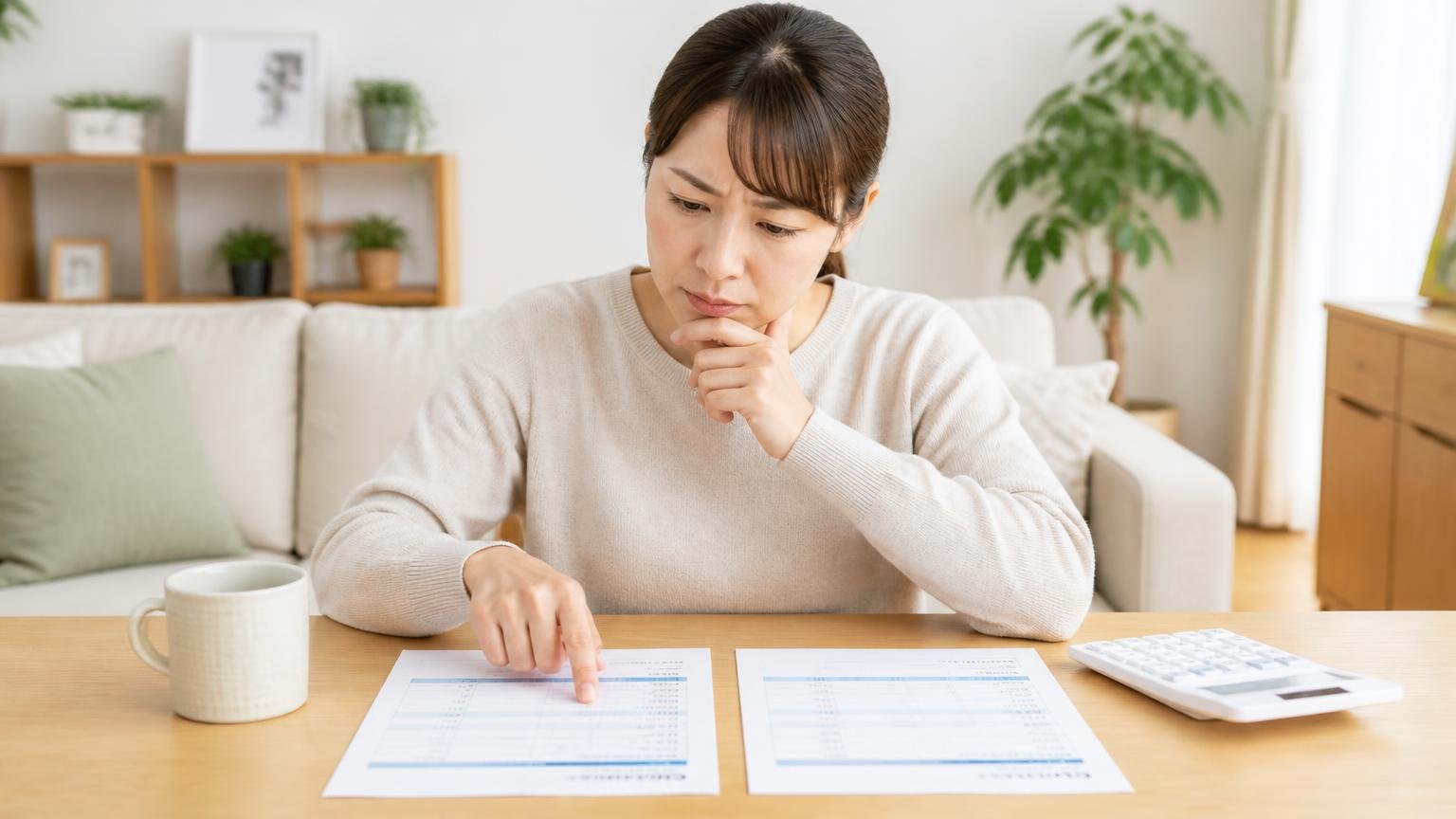なぜ1社では決めないほうがいいのか リビングで2枚の見積書を並べて見比べる女性1人が真剣な表情