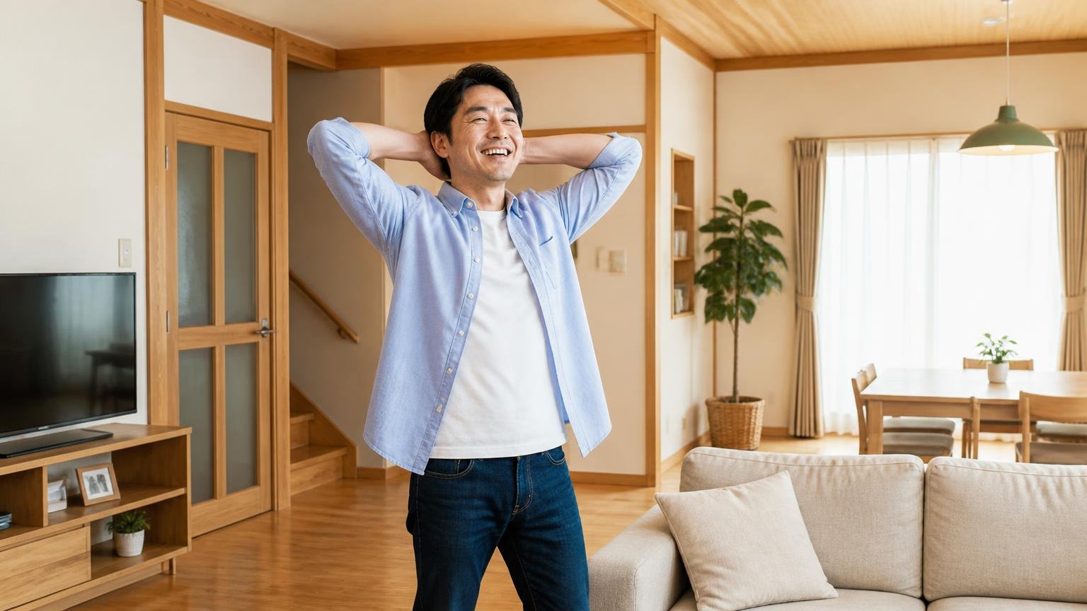 何もいなかったらそれも立派な答え 木造戸建てのリビング 調査を終えた住人1人 肩の力が抜けた笑顔