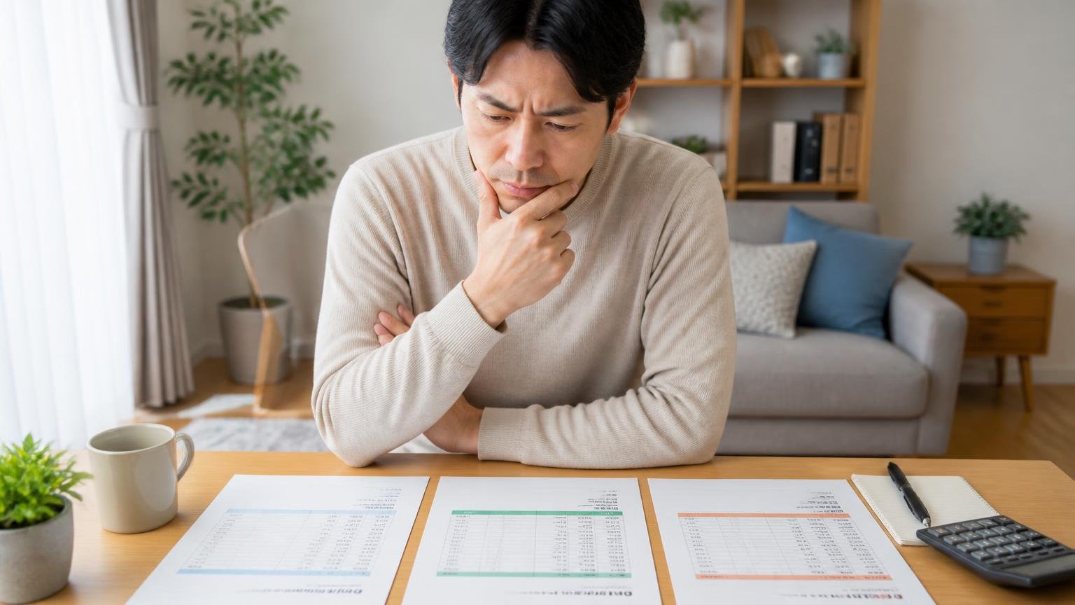 2〜3社の相見積もりで金額の物差しを持つ|自宅で複数の見積書を並べて比べる住人1人