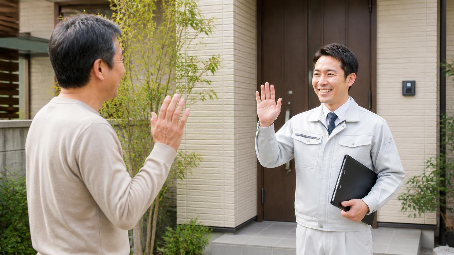 庭のモグラ被害を無料で見てもらえる相談先 玄関前 住人1人と作業員1人 笑顔で挨拶する