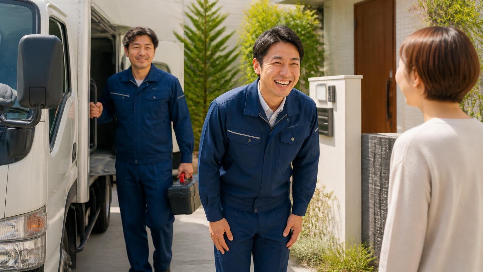 無料調査に対応する業者を比べる|住宅の玄関前で作業車から降りる作業員2人が笑顔で挨拶