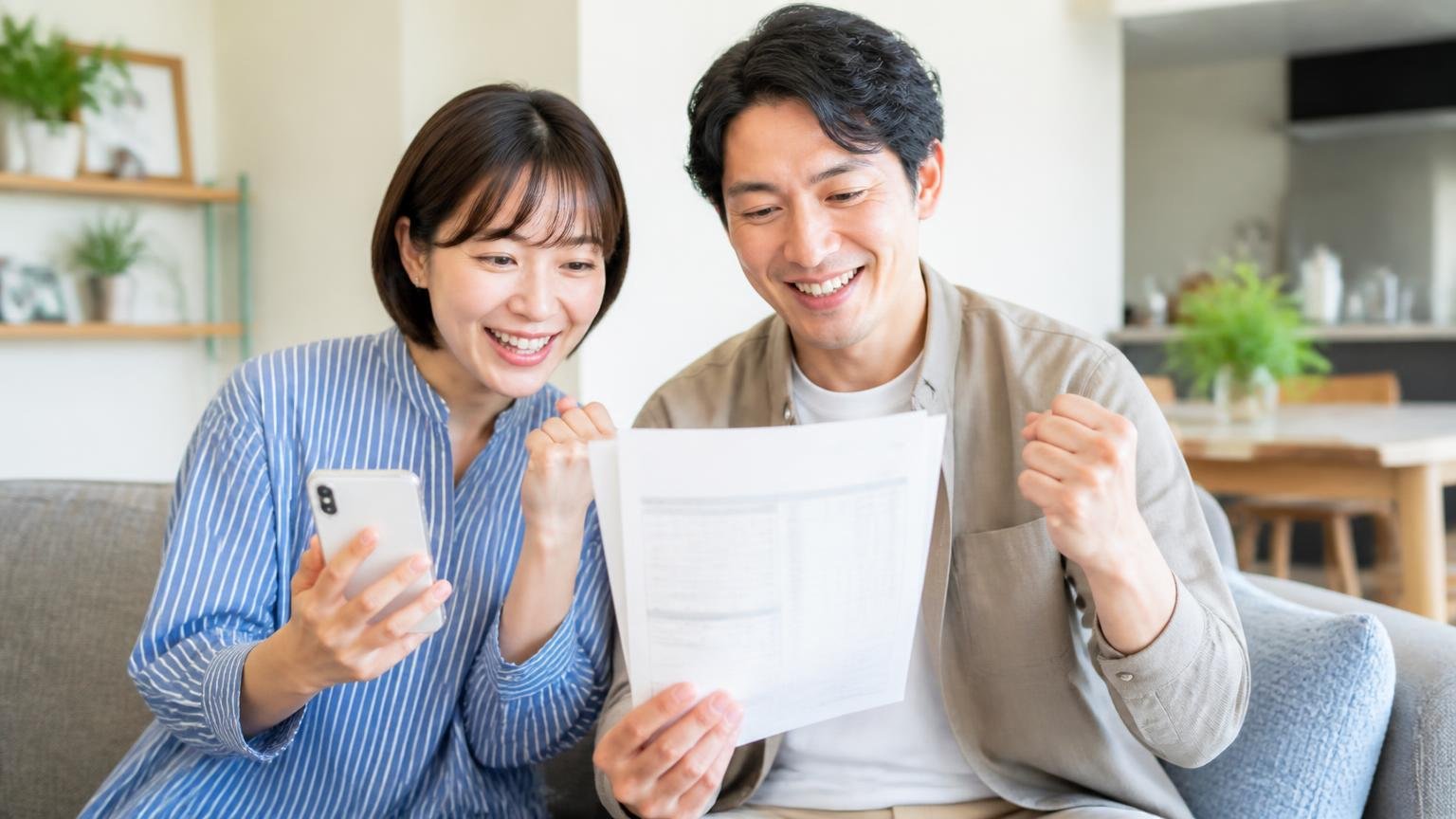 相見積もりは推奨されている。住宅のリビングでスマホと見積書を手に安心した表情の女性1人と男性1人