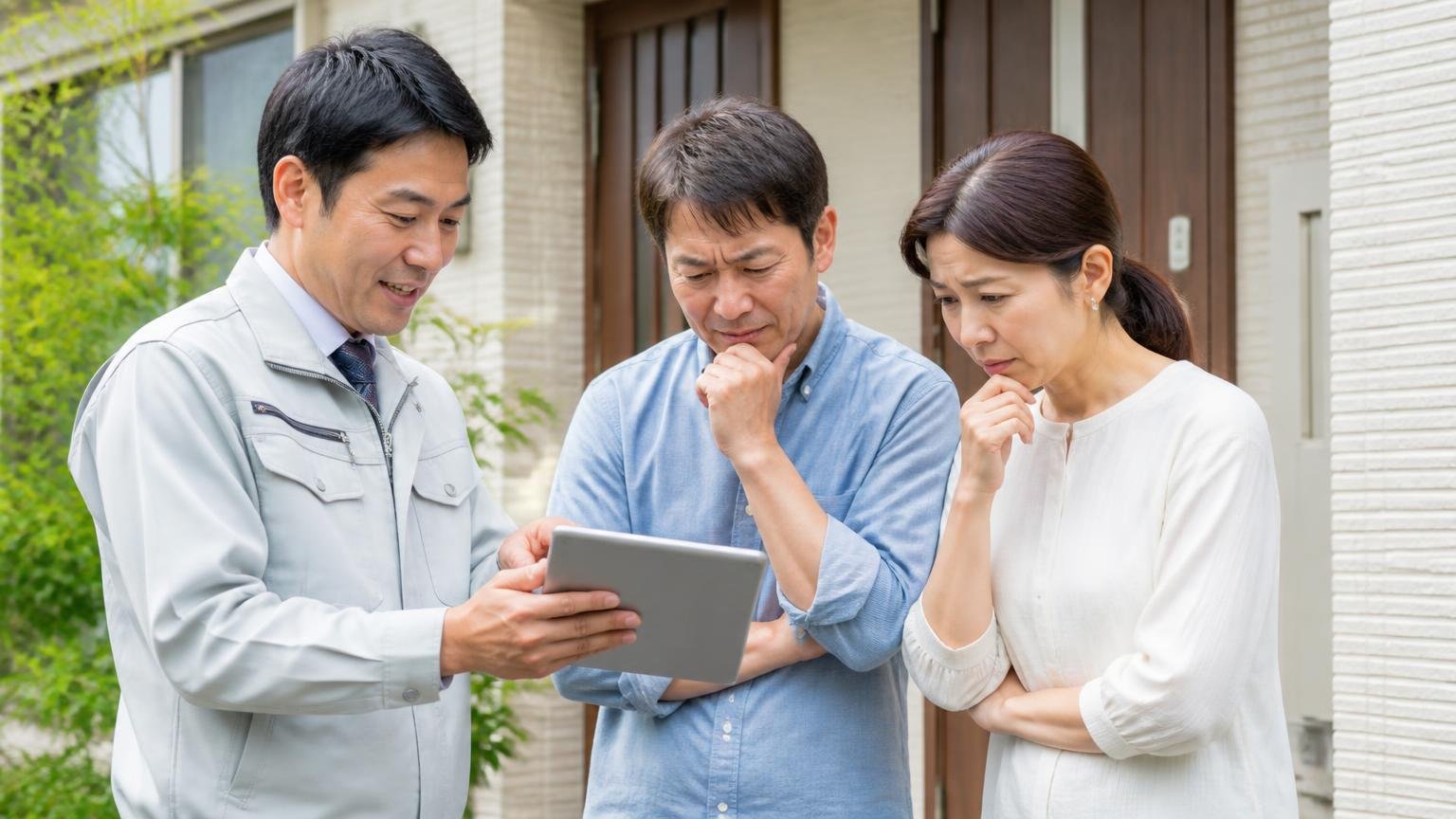 無料窓口に相談する 住宅の玄関先で作業服の男性が住人夫婦にタブレットで調査結果を見せる