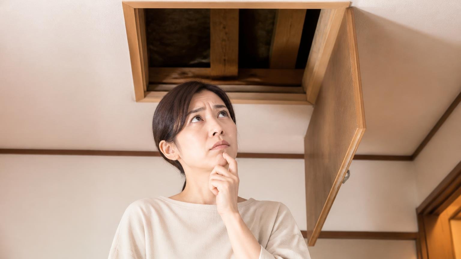 そもそも素人に害獣の種類は判定できない。木造戸建ての天井裏の点検口を見上げて迷う30代女性1人