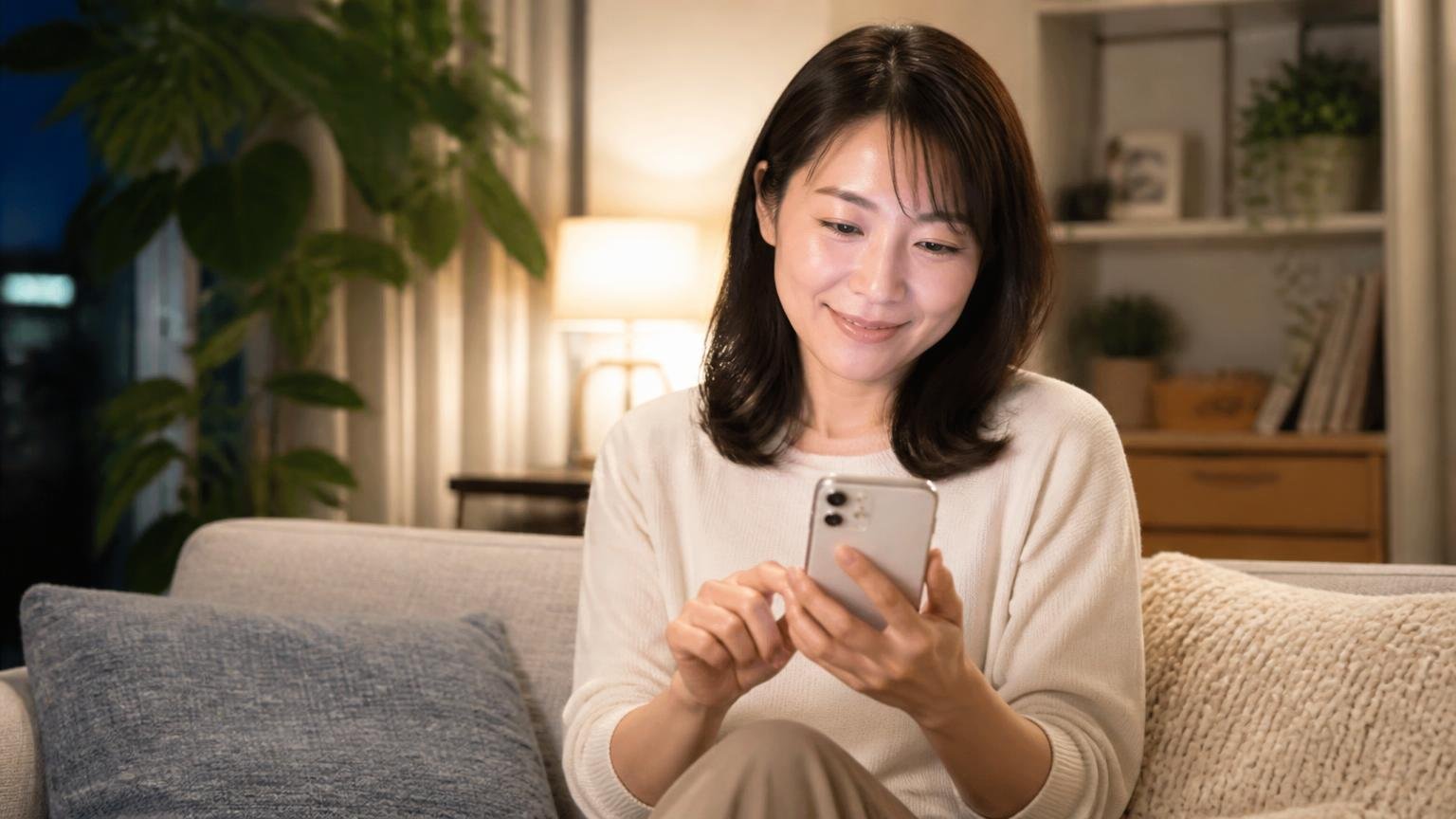 相見積もりの1社目に入れたい無料現地調査の窓口。夜のリビングでスマホを手にした女性1人が肩の力を抜いて微笑む