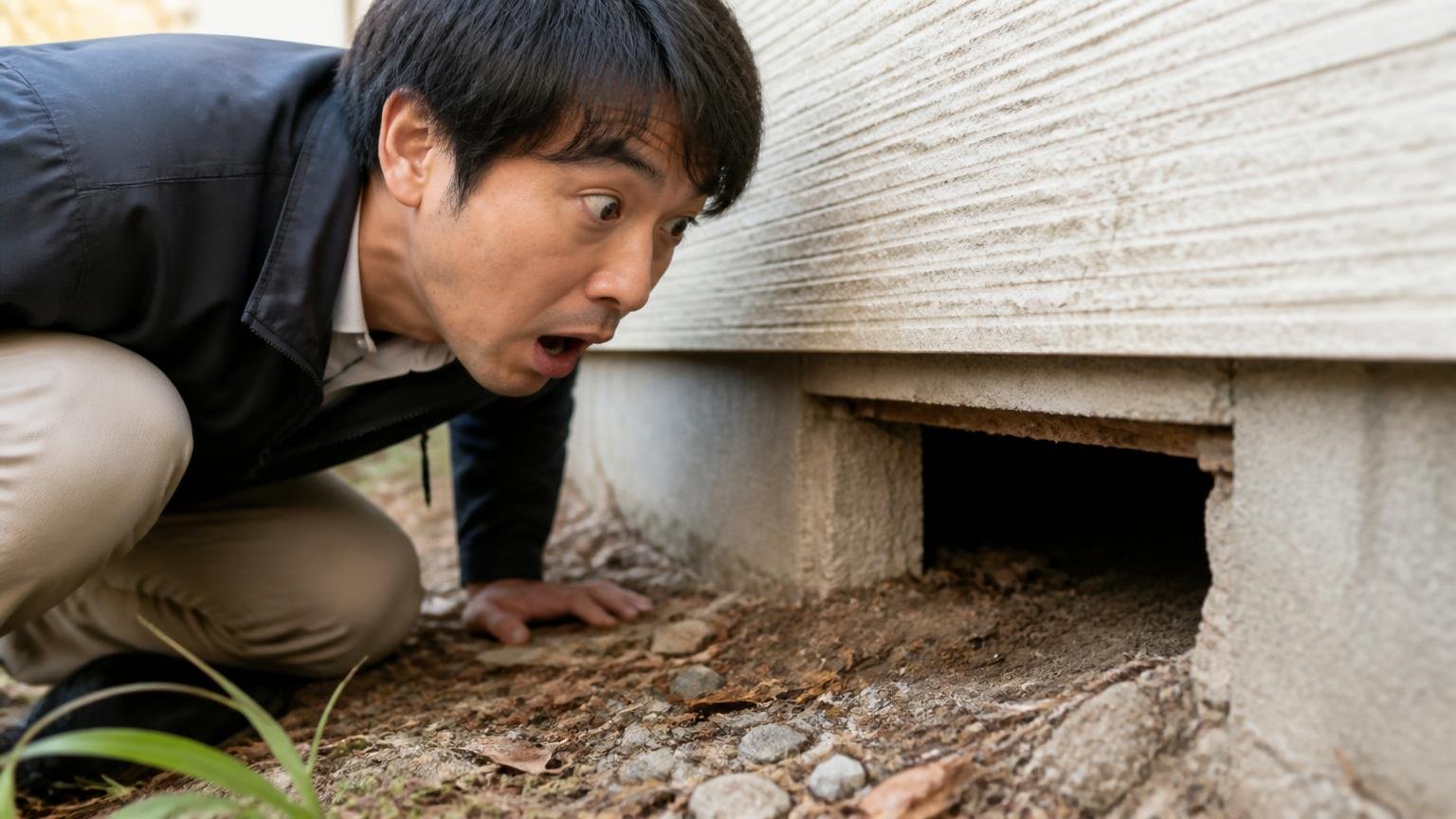 害獣の種類で法律が違う。家の外壁まわりで男性1人が侵入口をのぞき込み驚いた顔をする