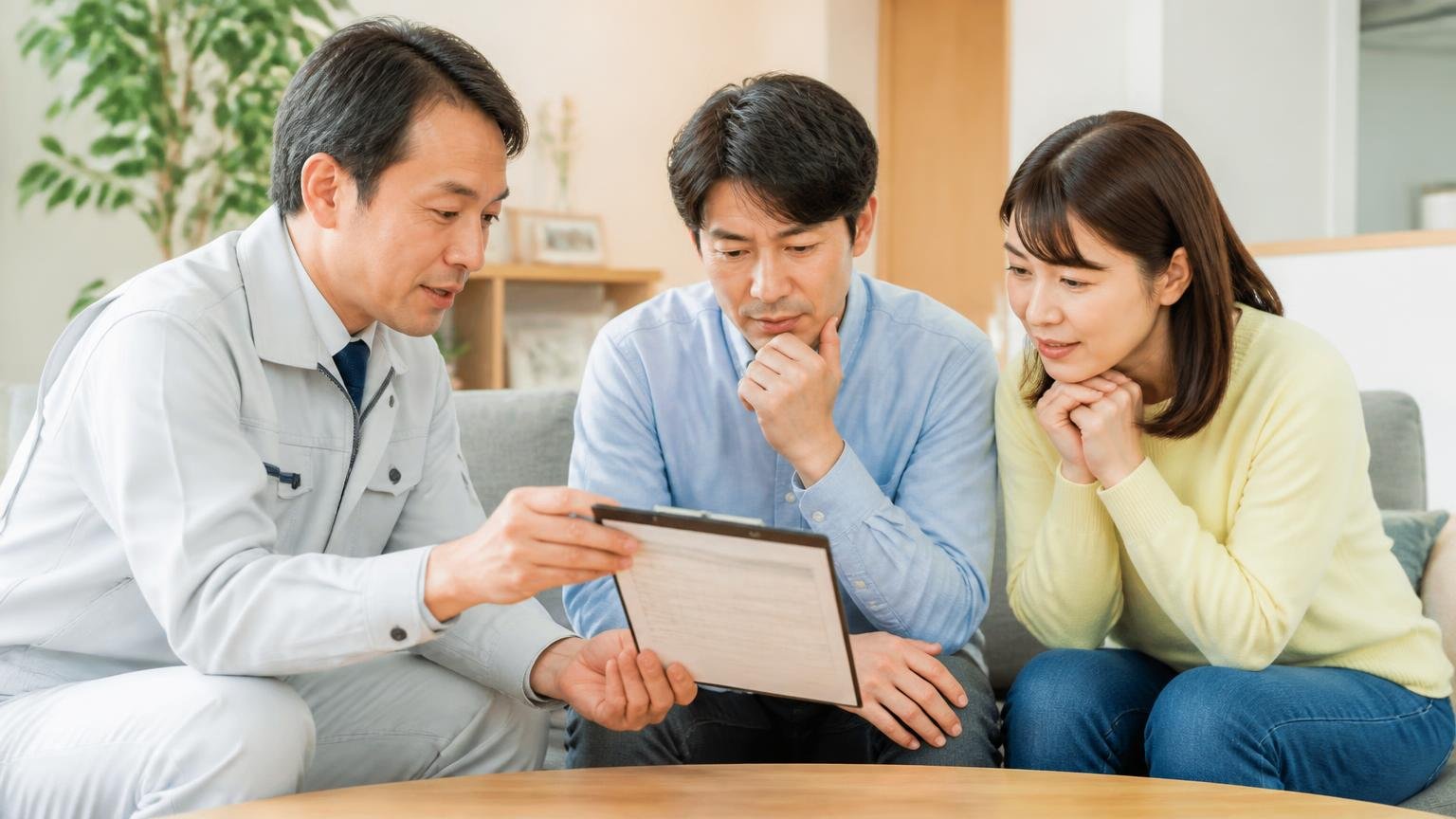 まずは無料の現地調査から相談できる駆除業者|住宅のリビングで作業員と打ち合わせ|男女3人が見積書を見て話す
