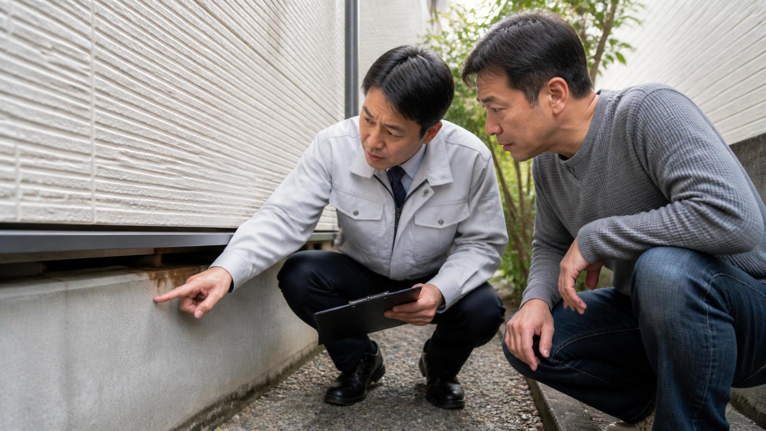 侵入口が残れば戻ってくる。住宅の外壁まわりで基礎の隙間を指さす作業員と、のぞき込む施主の男性