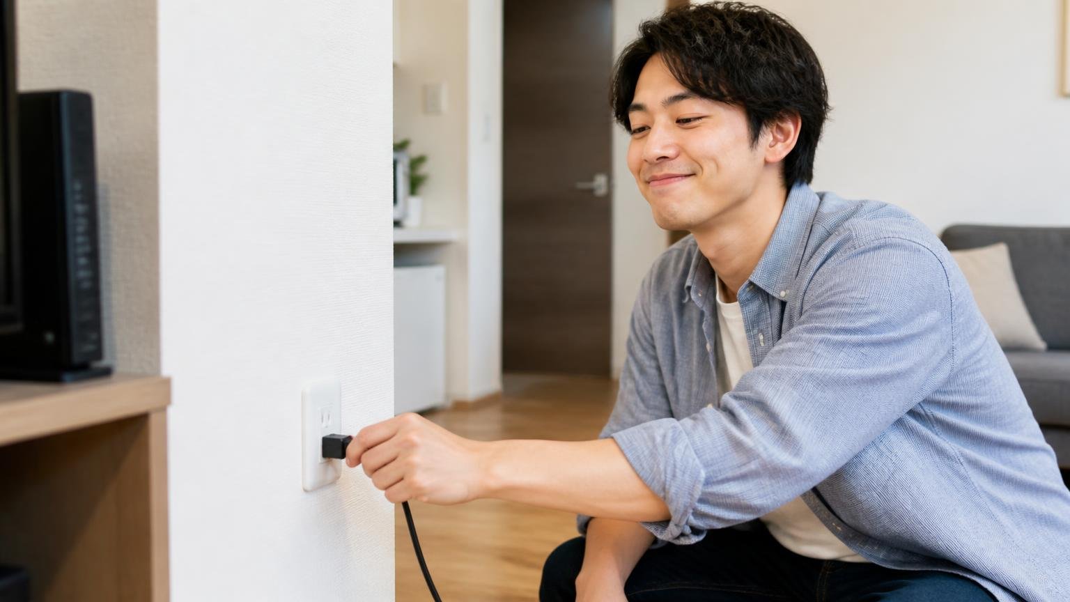 買って後悔しにくい人の条件 賃貸マンションの部屋でコンセントに機器を差し込む20代男性が納得した表情