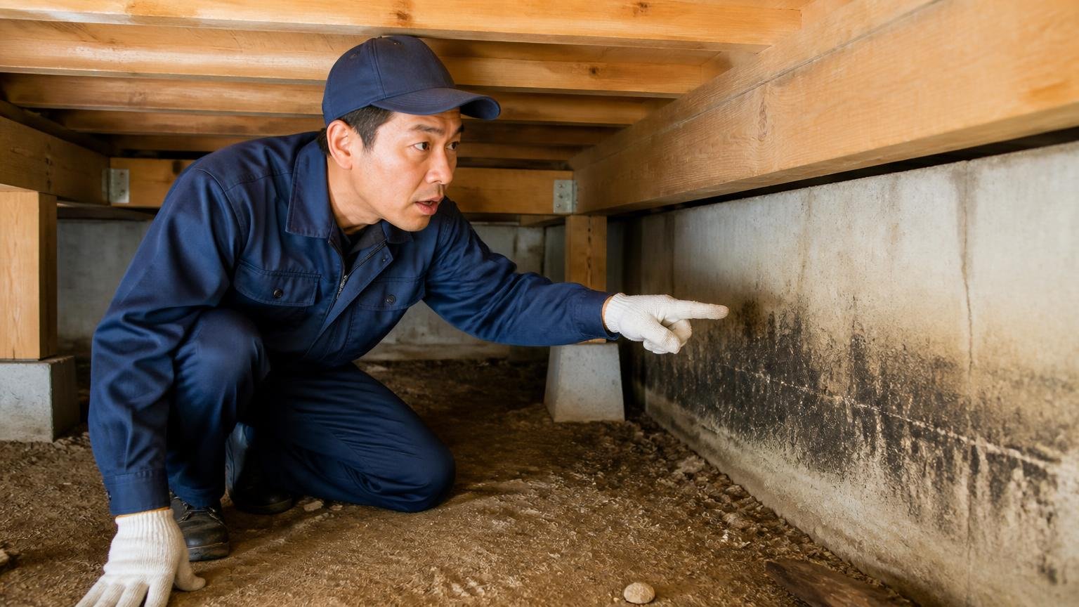 ラットサインを探す 木造戸建ての床下で作業員1人が壁際の黒い汚れを指さし説明する
