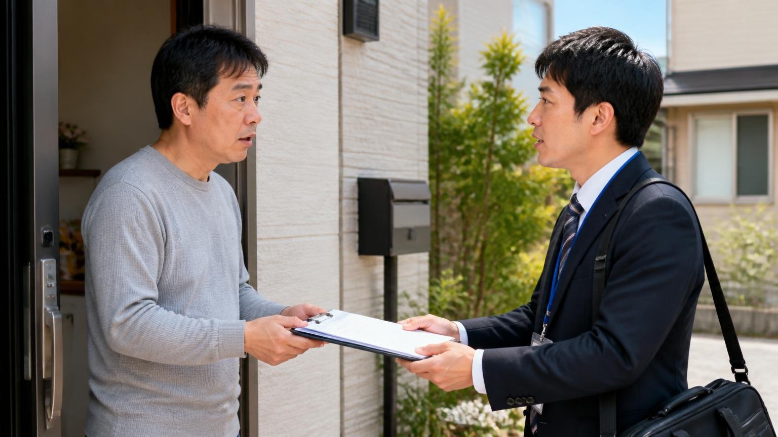 訪問がきっかけの人へ伝えたいこと。戸建ての玄関先で訪問者と住人の2人が書類を挟んで向き合う