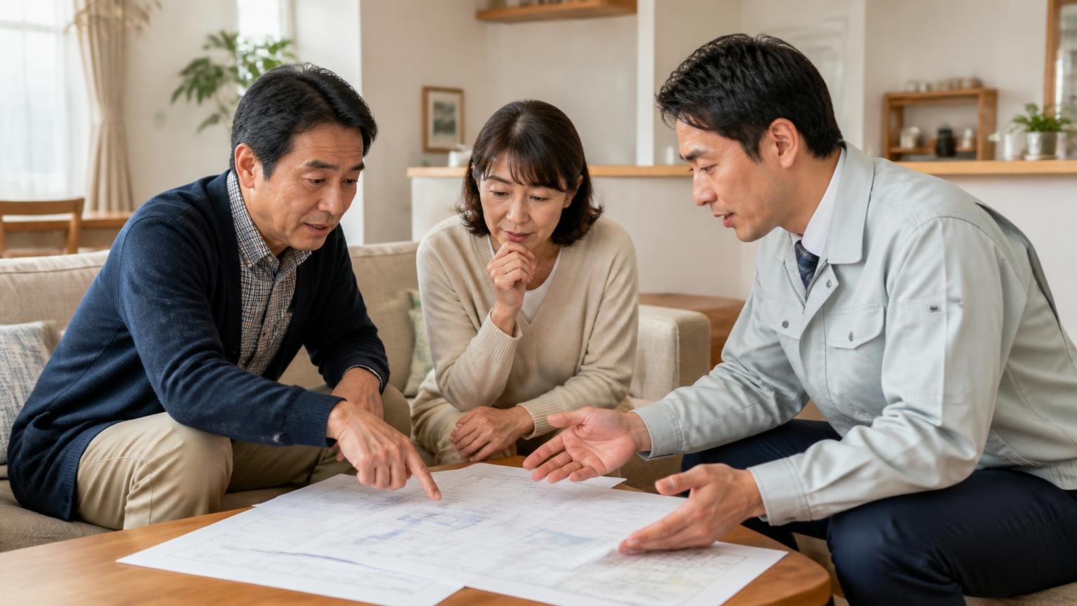 見積書の内訳を確認する。住宅のリビングで見積書を広げ項目を指差して質問する50代夫婦と作業員
