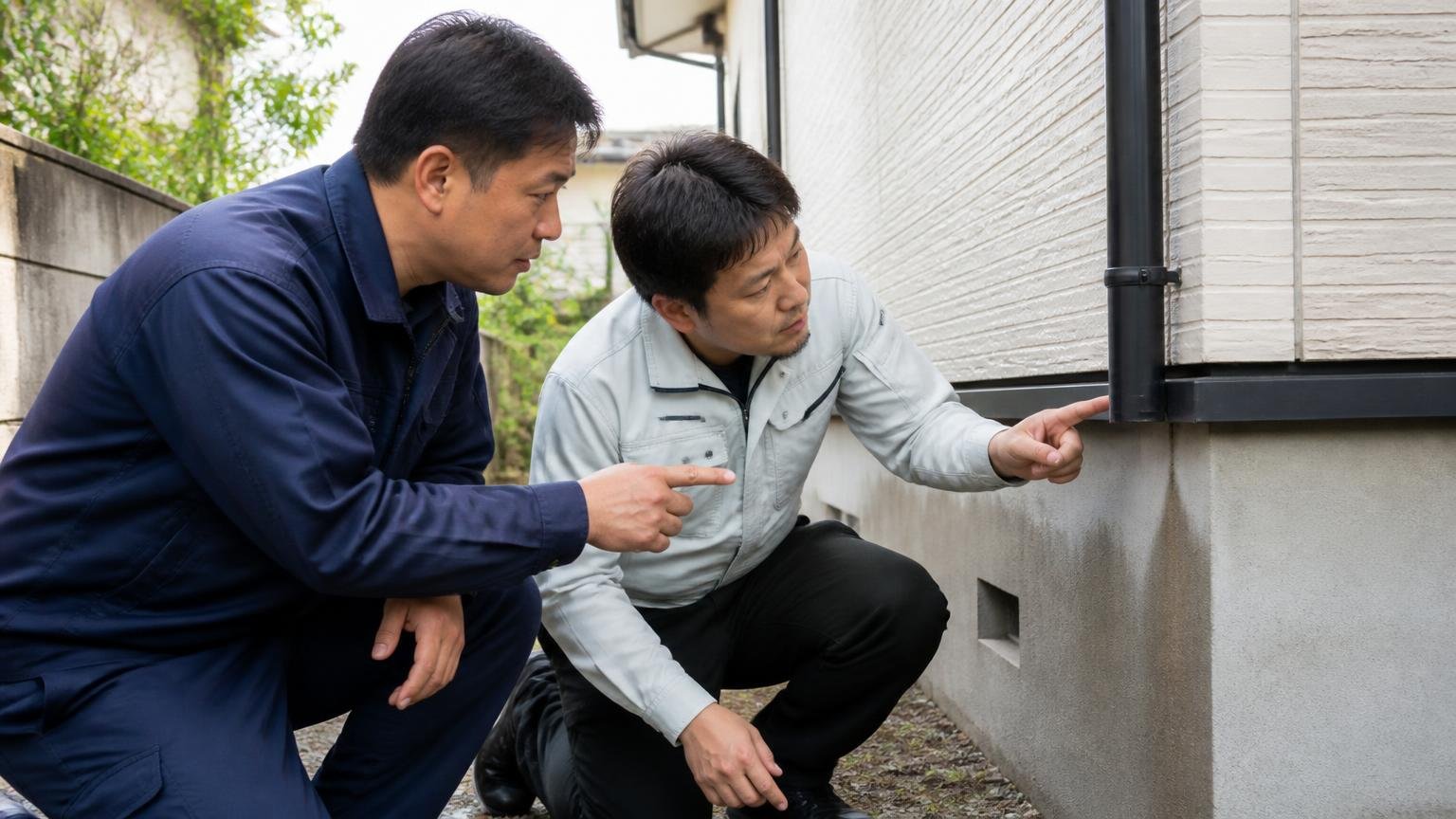 侵入口の特定は一番むずかしい作業。住宅の外壁まわりで作業員2人が点検し指をさして確認