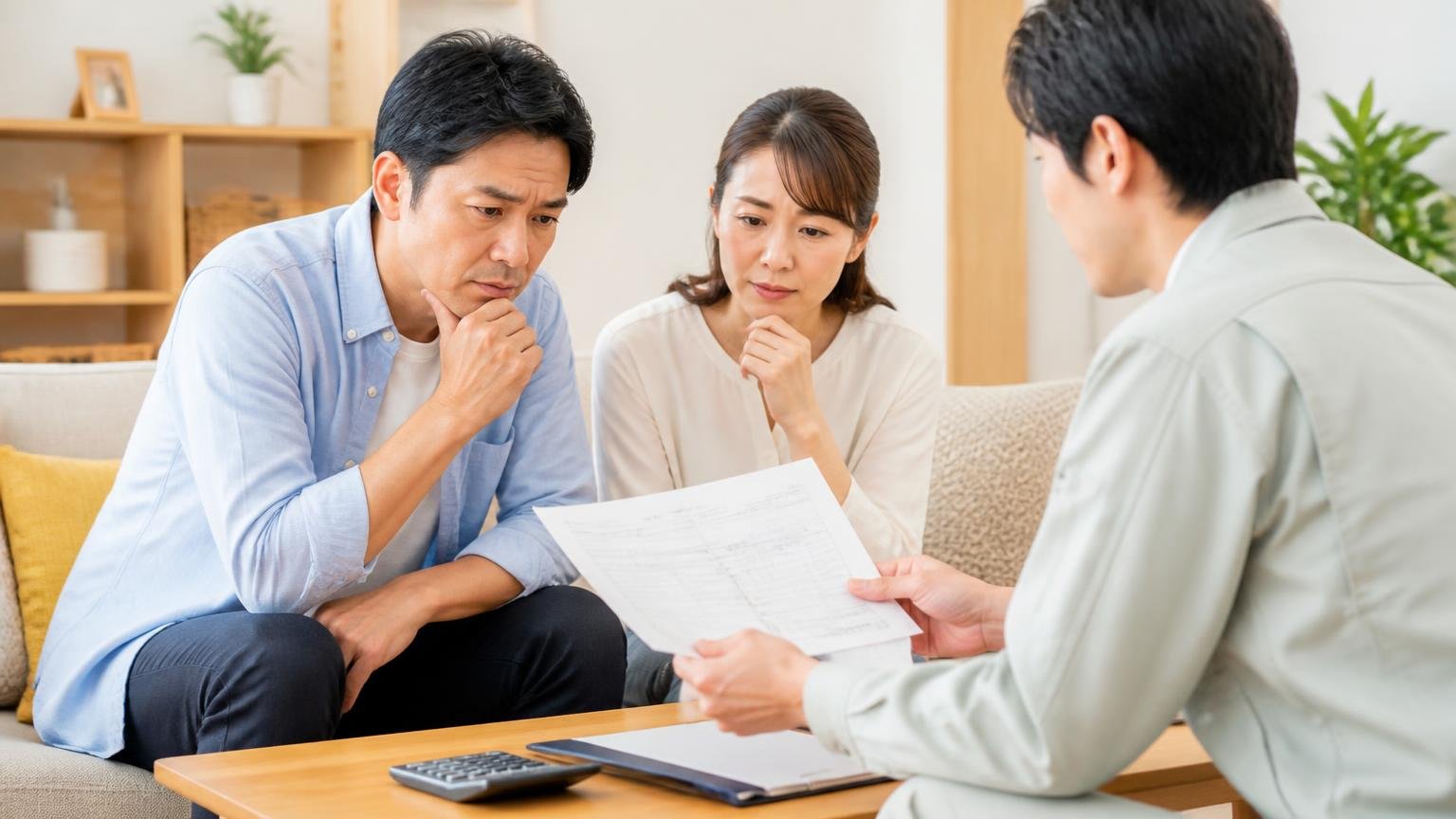 東京都が示す業者選びの4つの確認項目、リビングで作業員と打ち合わせする40代男性と30代女性が見積書を確認する