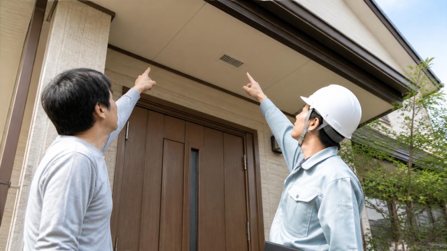 侵入口が何箇所あるか知りたい人へ|玄関前で屋根の軒下を見上げる住人1人と作業員1人が指さして確認