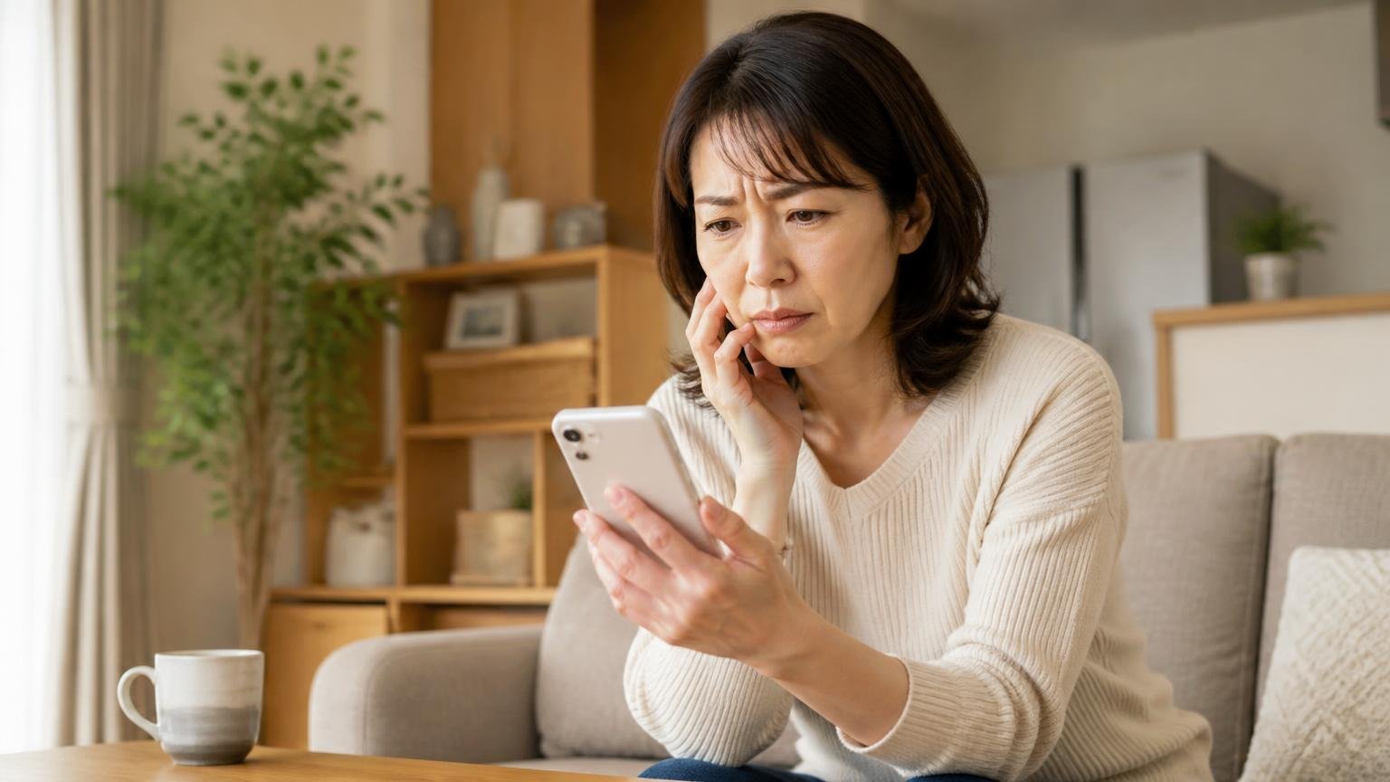 駆除サービスの相談件数が増えていると知る場面 住宅のリビングでスマホの記事を読む40代女性1人 顔をしかめる