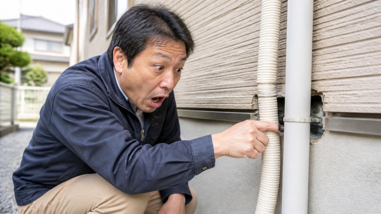 外壁の配管まわりのすき間を確認する場面 木造戸建ての外壁まわり 40代男性がしゃがんで指を差し込み驚く表情