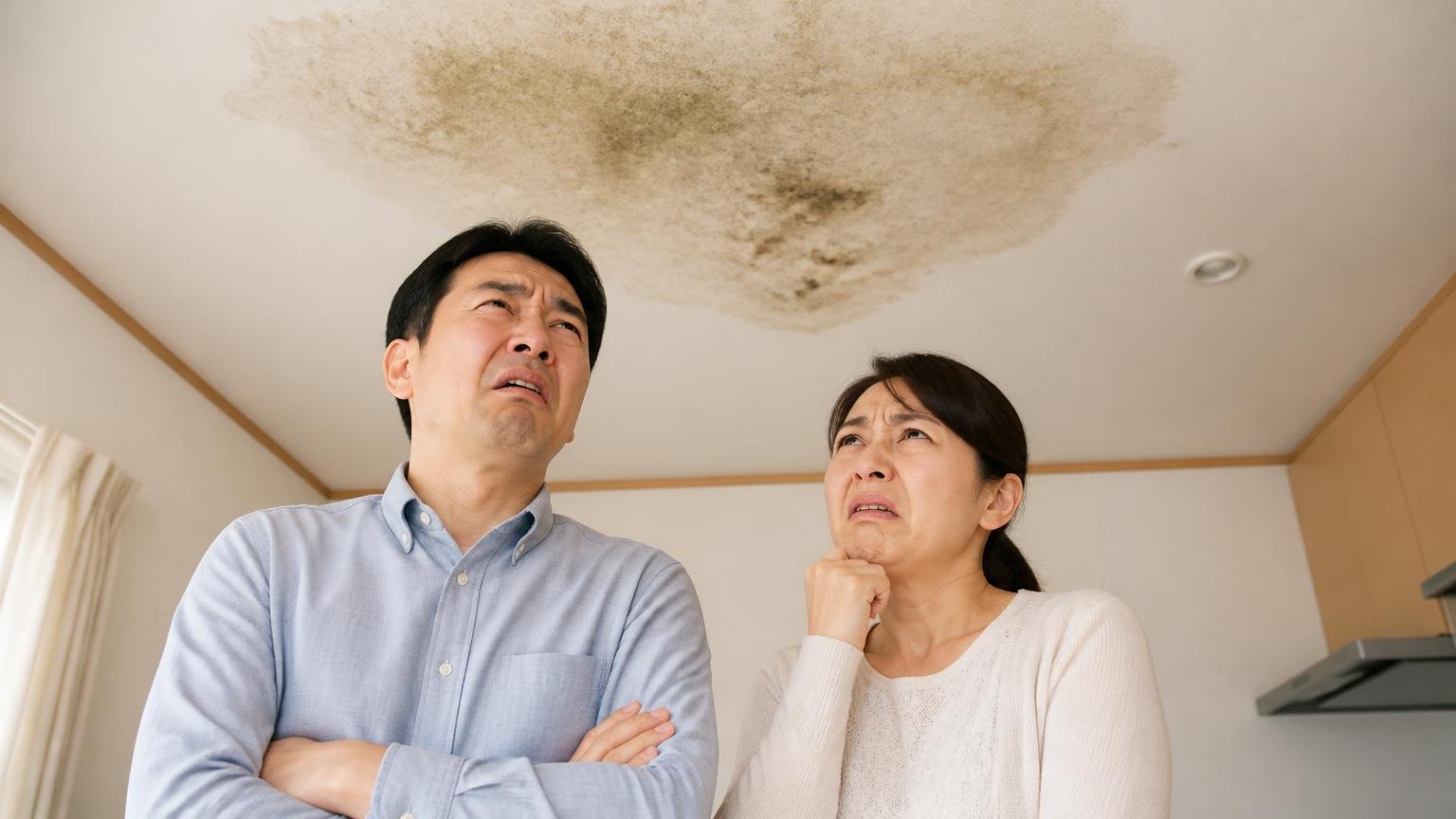 見えない場所で死なれると悪臭やシミの原因になる/住宅の天井のシミを見上げる夫婦2人が顔をしかめる