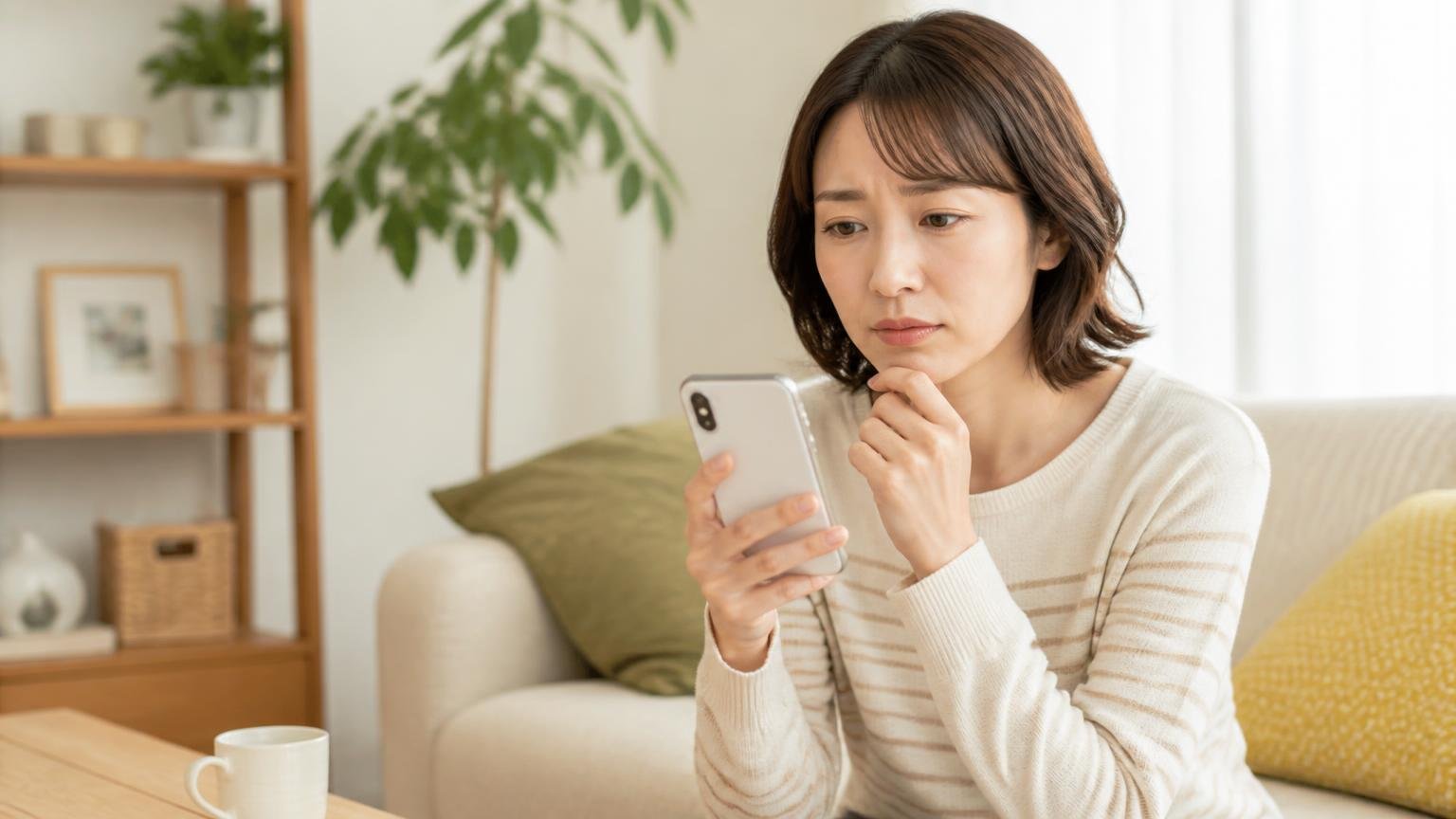 依頼する前によくある質問。リビングでスマホ片手に業者へ問い合わせる30代女性1人