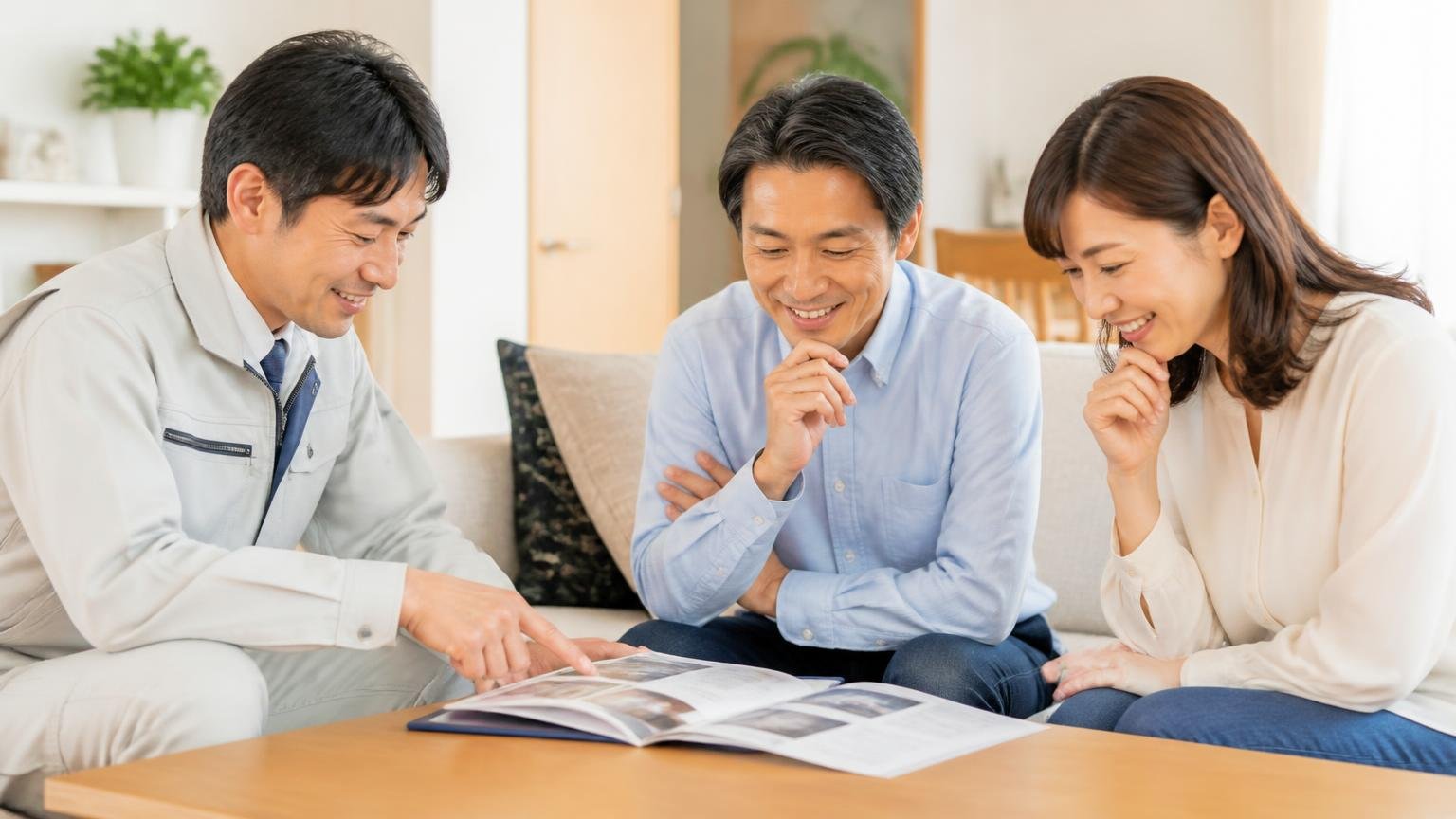 無料で現地を見てくれる駆除業者。リビングで作業員と打ち合わせする住人2人が資料を見て安心した表情
