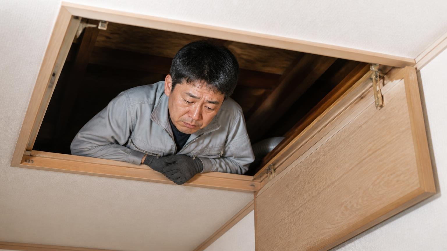 1年後にまた出たという追記。木造戸建ての天井裏の点検口を開けた男性が肩を落として下を向いている