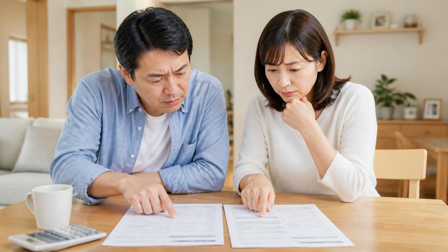 見積書で見落としやすい別料金。戸建て住宅のリビングのテーブルで、夫婦2人が2社分の見積書を広げて指でなぞり真剣に見比べている