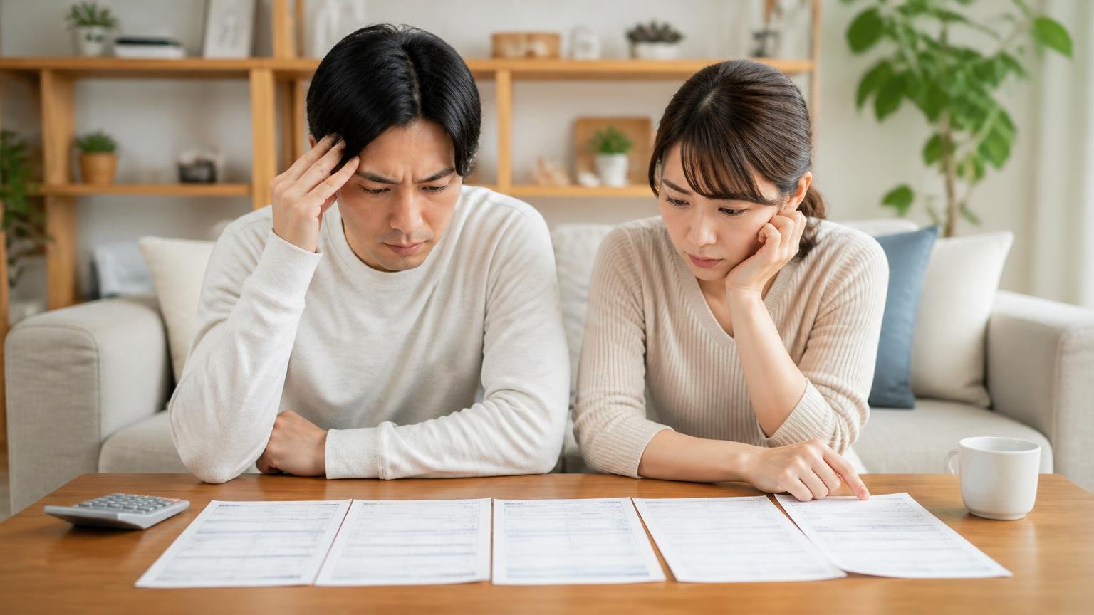 この記事に相場はいくらと書かない理由。リビングで見積書を並べて見比べる30代夫婦が真剣な表情